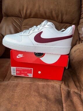 Nike Court Borough Low White Sneakers with Burgundy Swoosh and Pink Heel Tab
